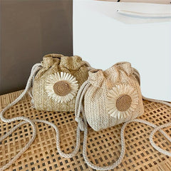 Flower Decor Straw Bag Drawstring Shoulder Bag