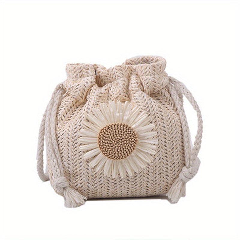 Flower Decor Straw Bag Drawstring Shoulder Bag