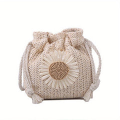 Flower Decor Straw Bag Drawstring Shoulder Bag
