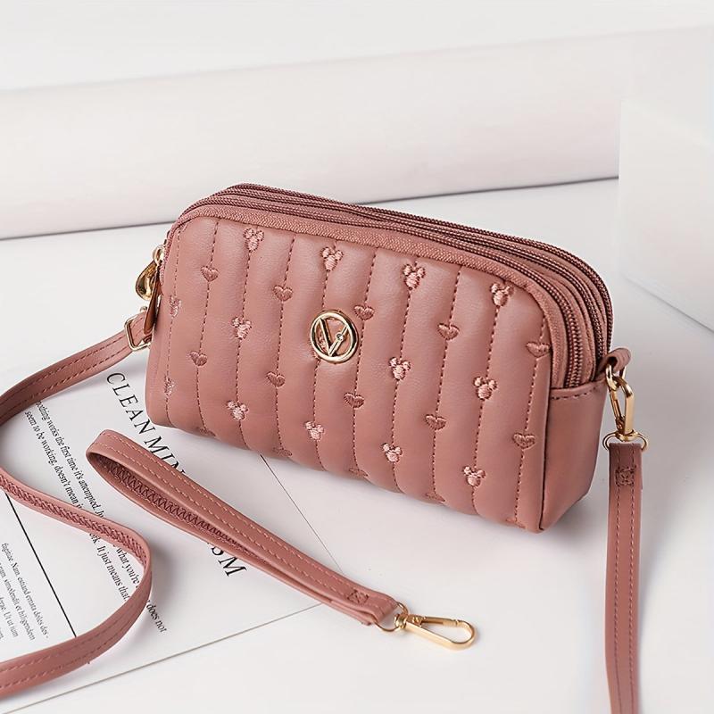 Love Embroidered Long Wallet Quilted Shoulder Bag Minimalist Purse