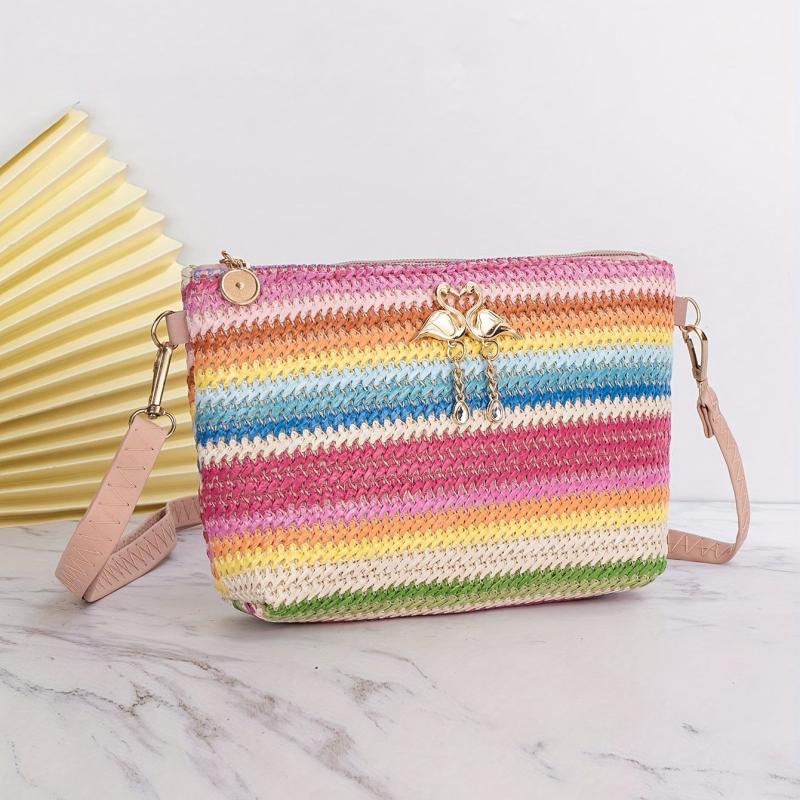 Colorful Straw Shoulder Bag Stylish Woven Crossbody Bag All Match Purse