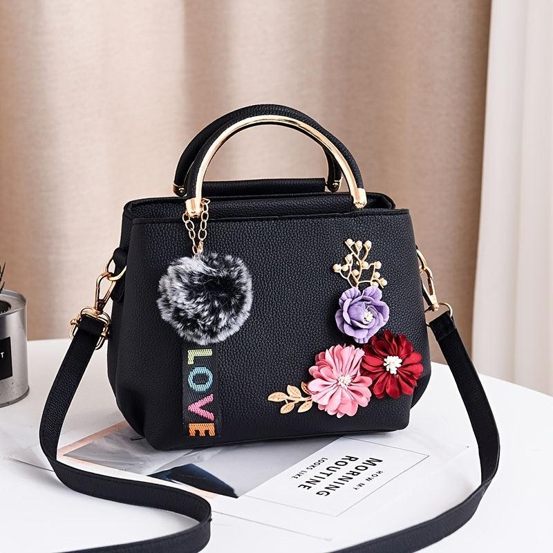 3D Flower Decor Handbag PU Crossbody Bag Top Handle Purse