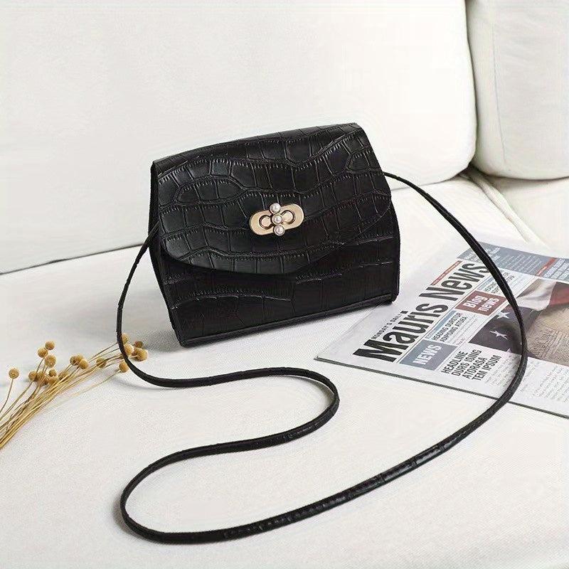 Crocodile Embossed Square Bag with Faux Pearl Buckle