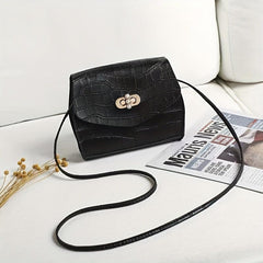Crocodile Embossed Square Bag with Faux Pearl Buckle