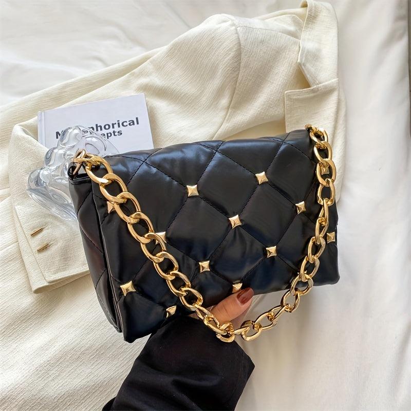 Argyle Embossed Rivet Decor Square Bag Chain Flap Shoulder Bag