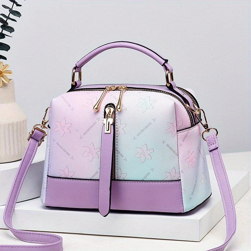 Flower Embossed Shoulder Bag Gradient Zipper Satchel Bag