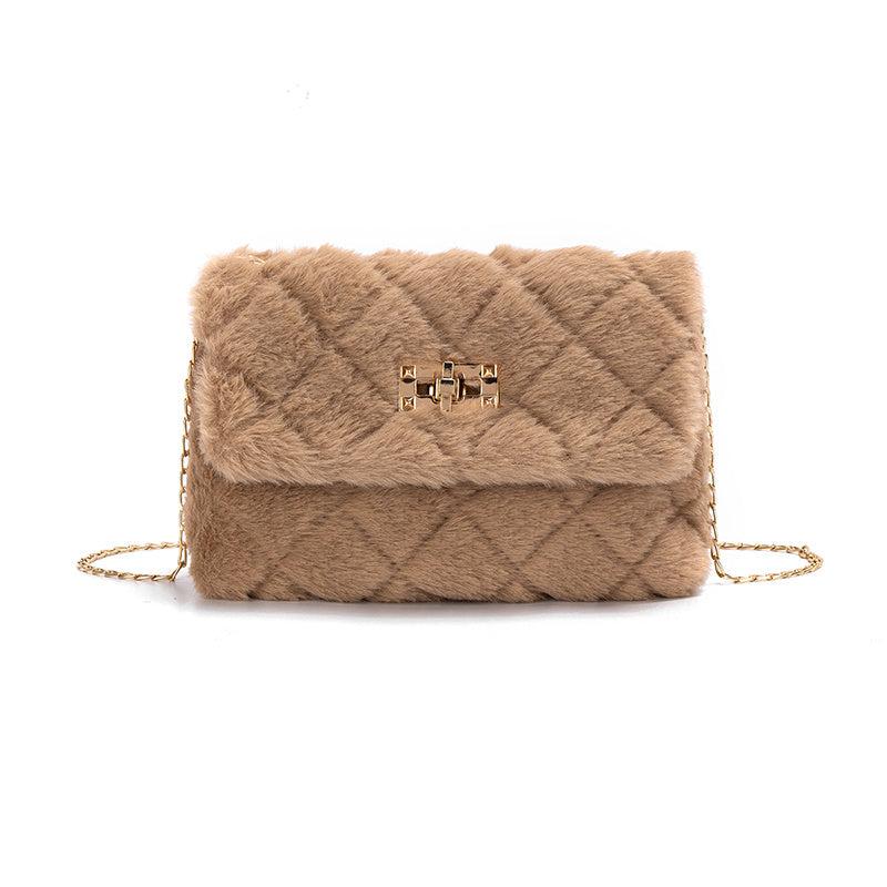 Argyle Quilted Fluffy Square Bag Women's Chain Crossbody Purse