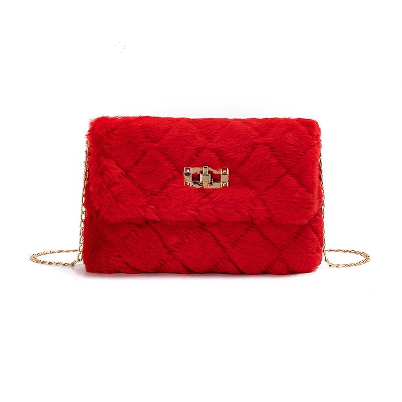 Argyle Quilted Fluffy Square Bag Women's Chain Crossbody Purse