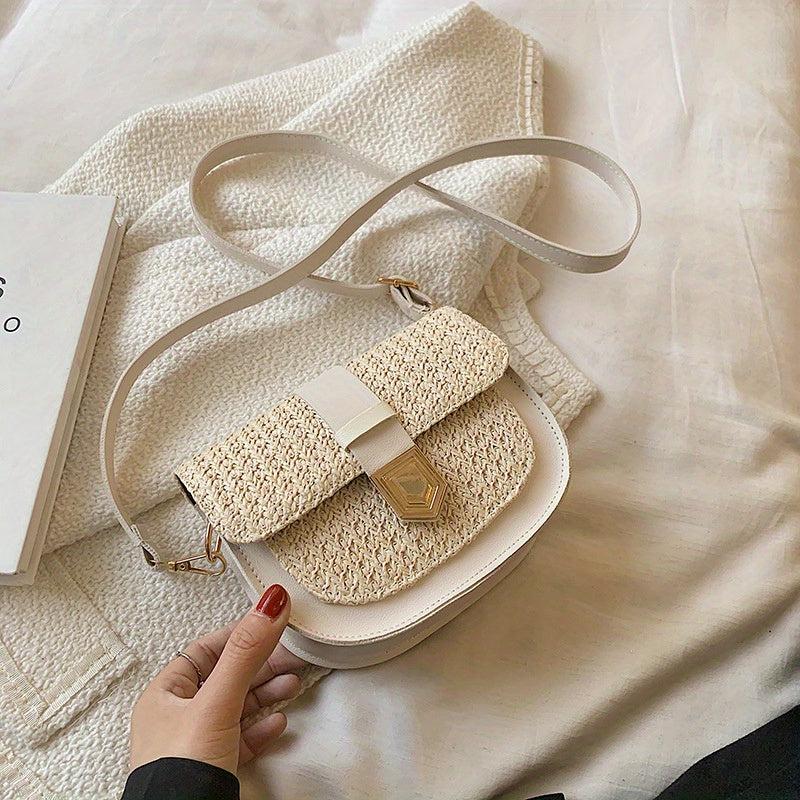 Woven Straw Mini Shoulder Bag PU Leather Crossbody Bag