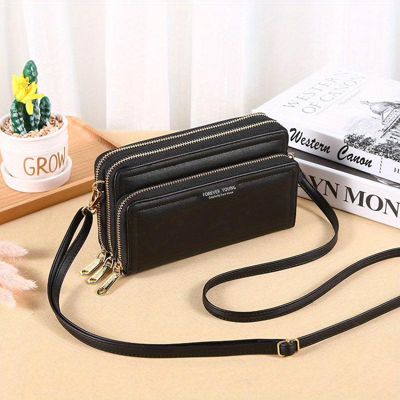 Minimalist Crossbody Bag PU Leather Double Zipper Shoulder Bag