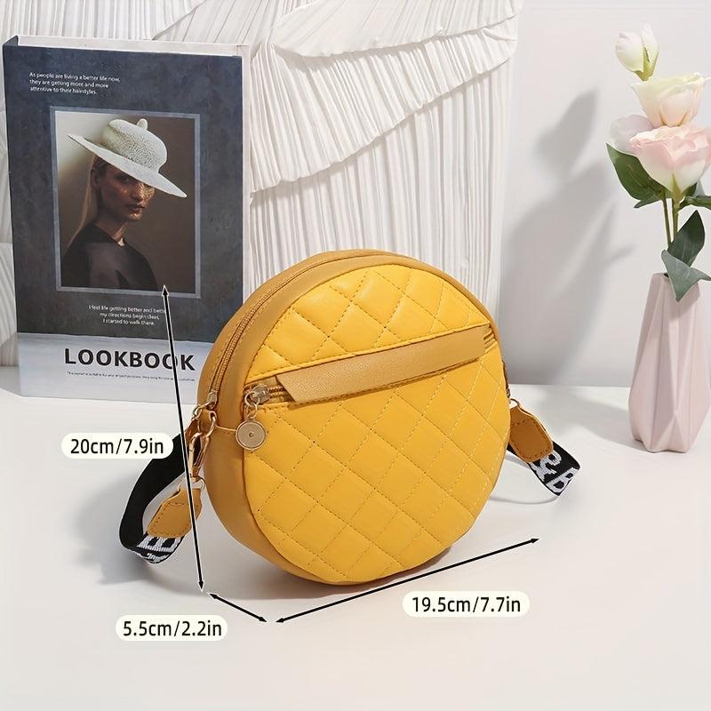 Quilted Circle Crossbody Bag Faux Leather Round Argyle Mini Zipper Shoulder Bag