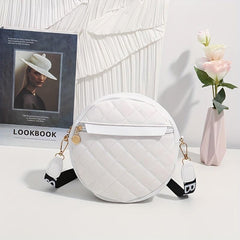 Quilted Circle Crossbody Bag Faux Leather Round Argyle Mini Zipper Shoulder Bag