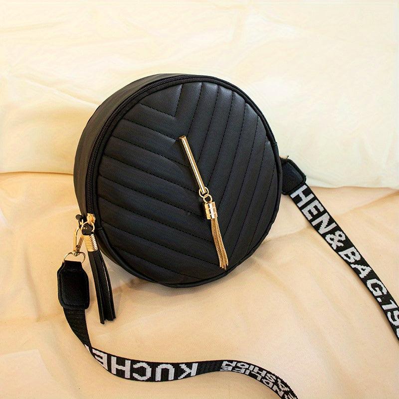 Chevron Quilted Round Bag Crossbody Purse with Tassel
