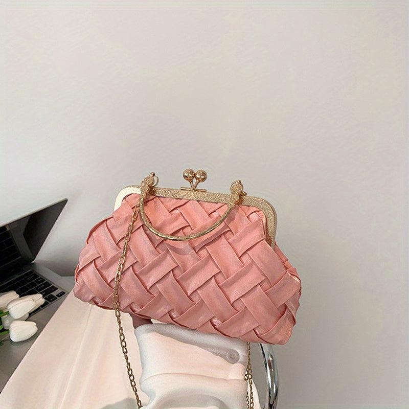 Woven Chain Crossbody Bag Kiss Lock Purses Top Ring Clutch