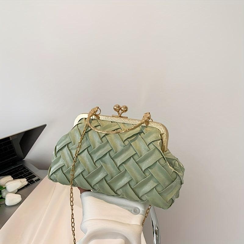 Woven Chain Crossbody Bag Kiss Lock Purses Top Ring Clutch