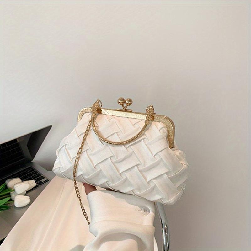 Woven Chain Crossbody Bag Kiss Lock Purses Top Ring Clutch