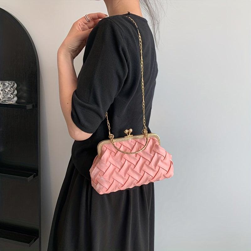 Woven Chain Crossbody Bag Kiss Lock Purses Top Ring Clutch