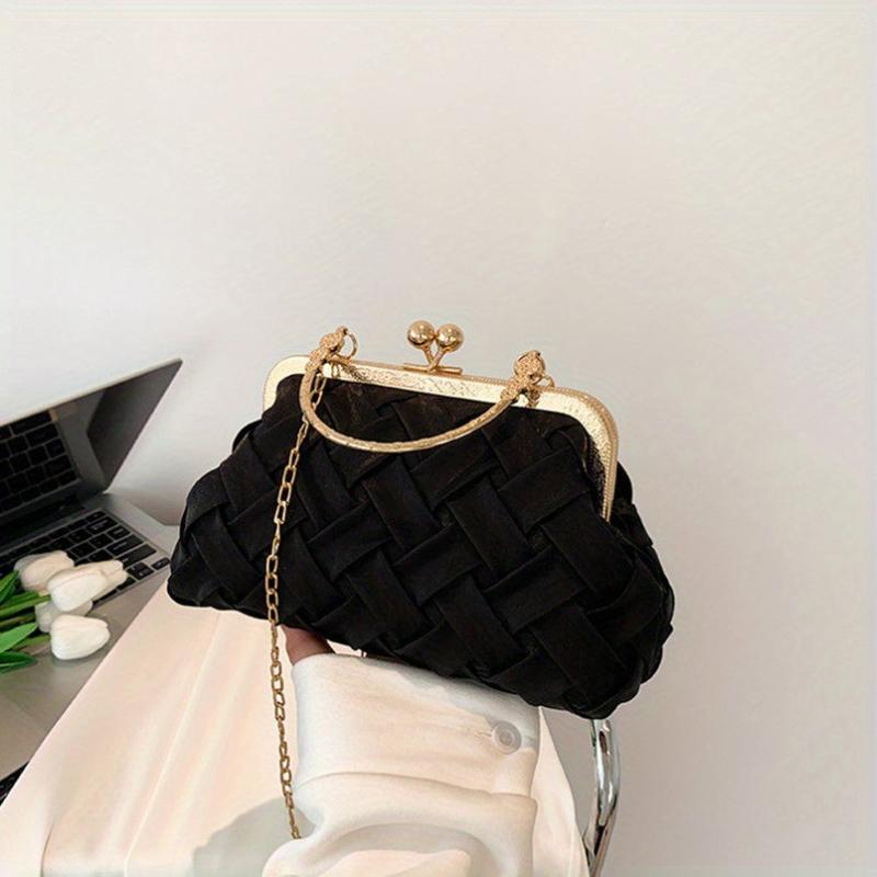 Woven Chain Crossbody Bag Kiss Lock Purses Top Ring Clutch