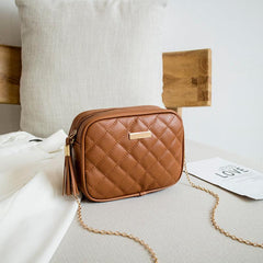 Quilted Crossbody Bag Tassel Square Zipper Purse PU Leather Shoulder Bag
