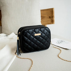 Quilted Crossbody Bag Tassel Square Zipper Purse PU Leather Shoulder Bag