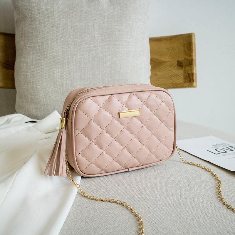 Quilted Crossbody Bag Tassel Square Zipper Purse PU Leather Shoulder Bag
