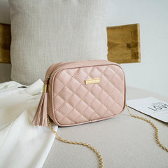 Quilted Crossbody Bag Tassel Square Zipper Purse PU Leather Shoulder Bag