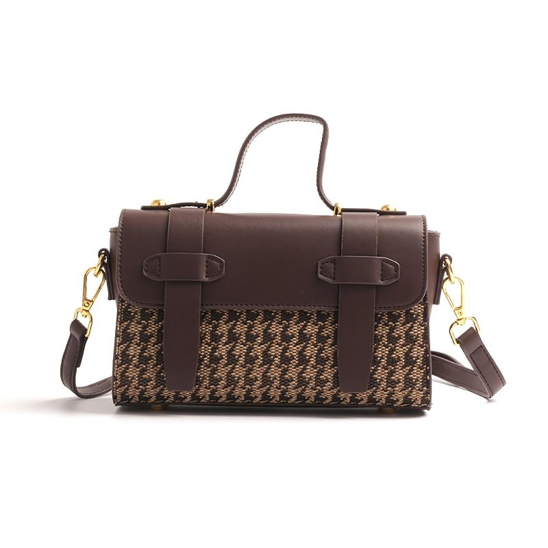 Houndstooth Square Crossbody Bag Top Handle Purse