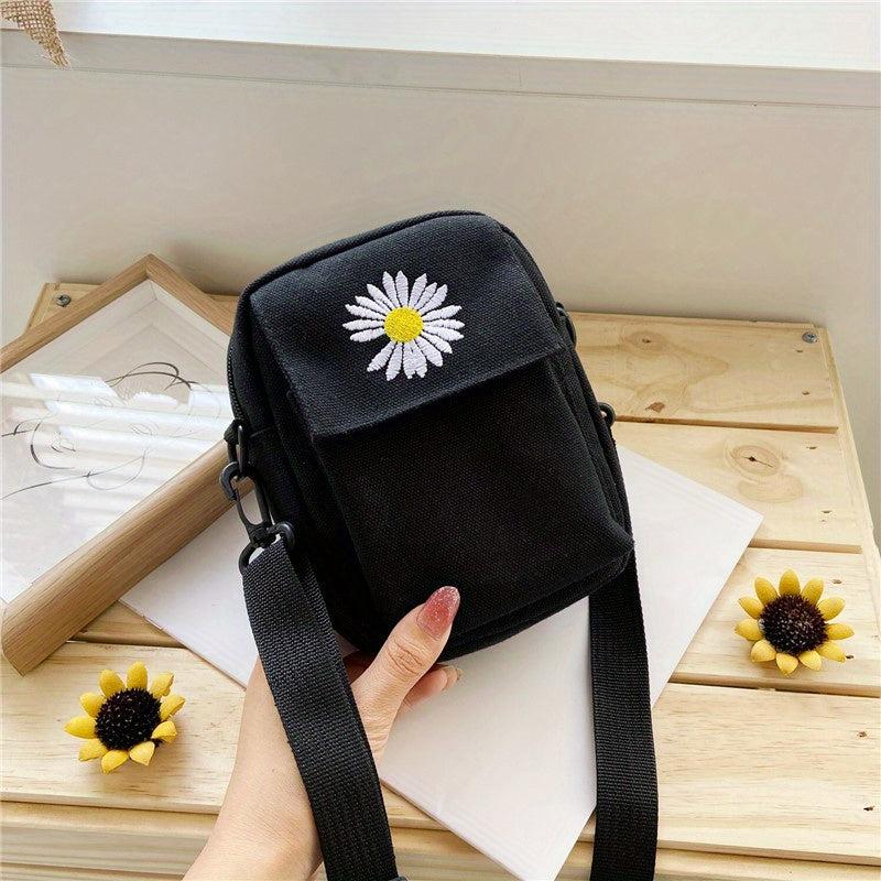 Daisy Embroidery Crossbody Bag Mini Canvas Square Purse