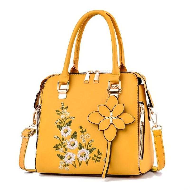 Floral Embroidery Handbag Women PU Leather Crossbody Bag Top Handle