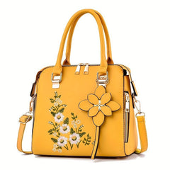 Floral Embroidery Handbag Women PU Leather Crossbody Bag Top Handle