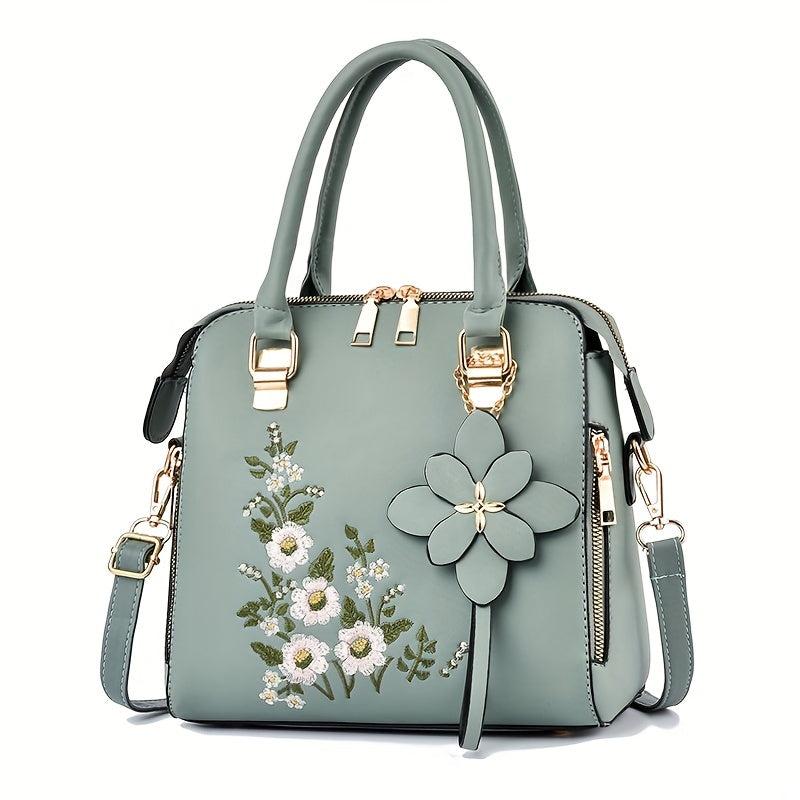 Floral Embroidery Handbag Women PU Leather Crossbody Bag Top Handle