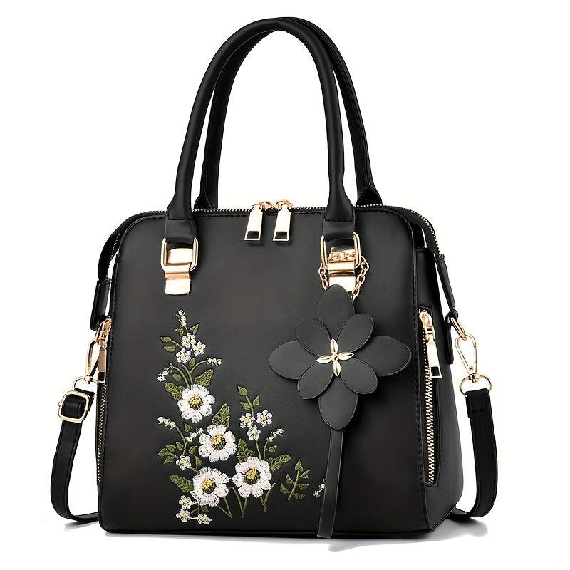 Floral Embroidery Handbag Women PU Leather Crossbody Bag Top Handle