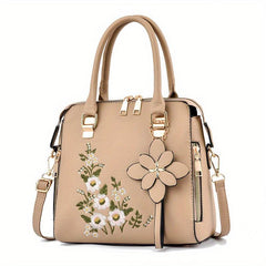 Floral Embroidery Handbag Women PU Leather Crossbody Bag Top Handle