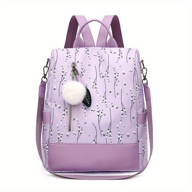 Floral Print Backpack Purse with Pompom Decor