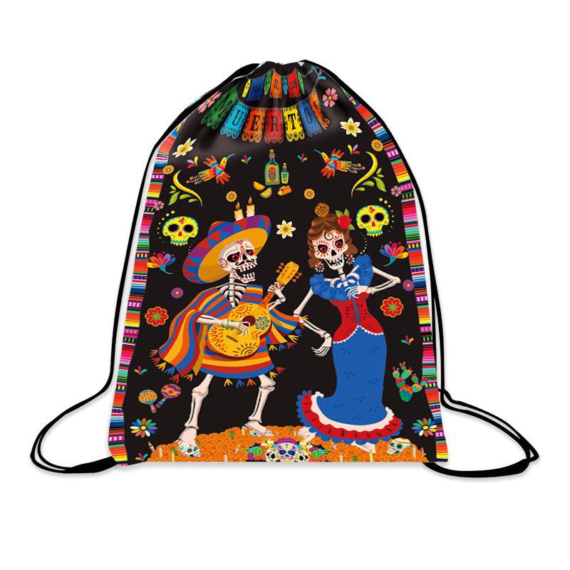 Flower Skull Print Drawstring Backpack Horror Ghost Skull Elf Bundle Pockets