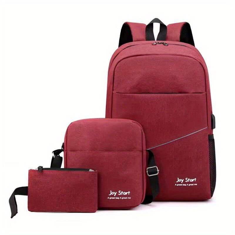 3 Pcs Solid Backpack Set with Shoulder Bag & Pouch