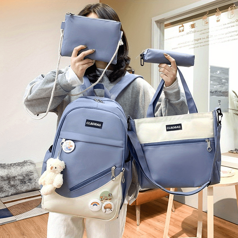 4Pcs Lightweight Contrast Backpack Schoolbag Set