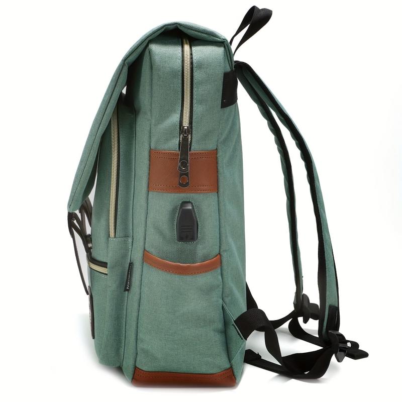 Canvas Flap Backpack School Bag Travel Bag USB Charging Port