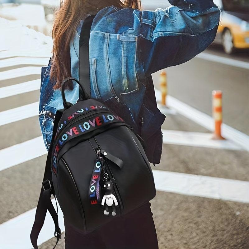 Zipper Front Small Backpack Love Belt Decor School Bag Women's PU Leather