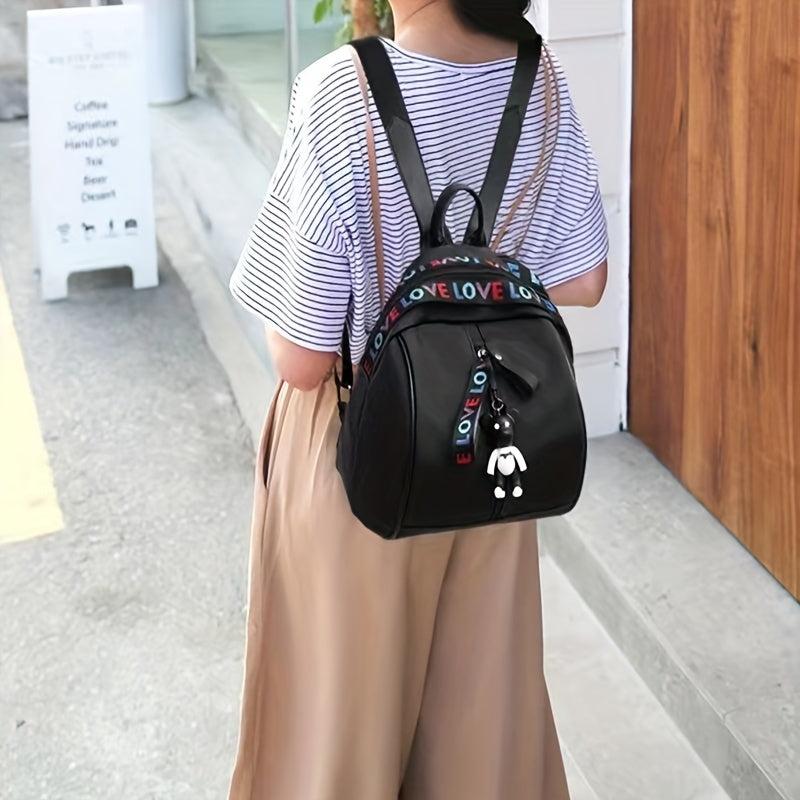 Zipper Front Small Backpack Love Belt Decor School Bag Women's PU Leather