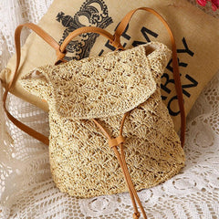 Straw Woven Flap Backpack Purse for Summer Beach Vacation