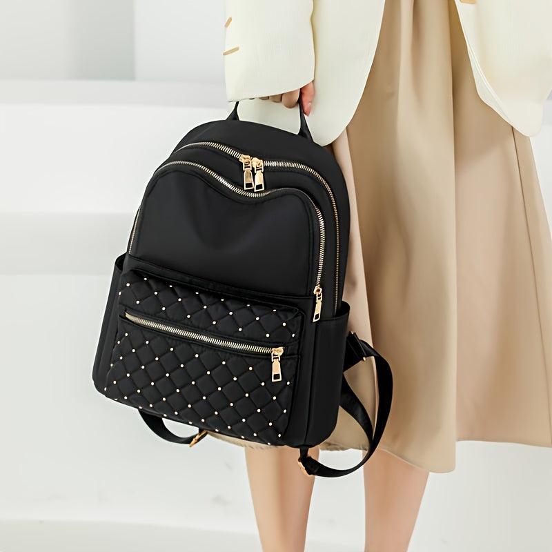 Argyle Quilted Zipper Backpack Purse Large Capacity Studded Bookbag