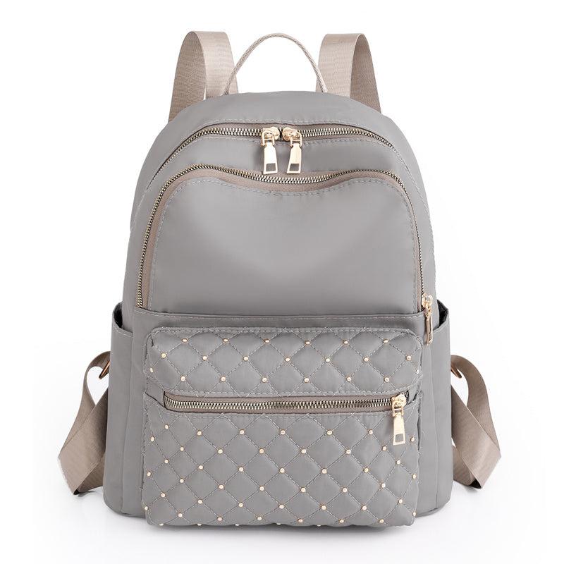 Argyle Quilted Zipper Backpack Purse Large Capacity Studded Bookbag