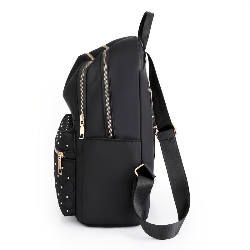 Argyle Quilted Zipper Backpack Purse Large Capacity Studded Bookbag