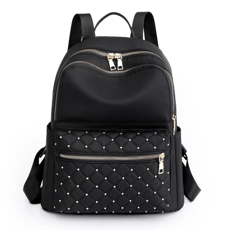 Argyle Quilted Zipper Backpack Purse Large Capacity Studded Bookbag
