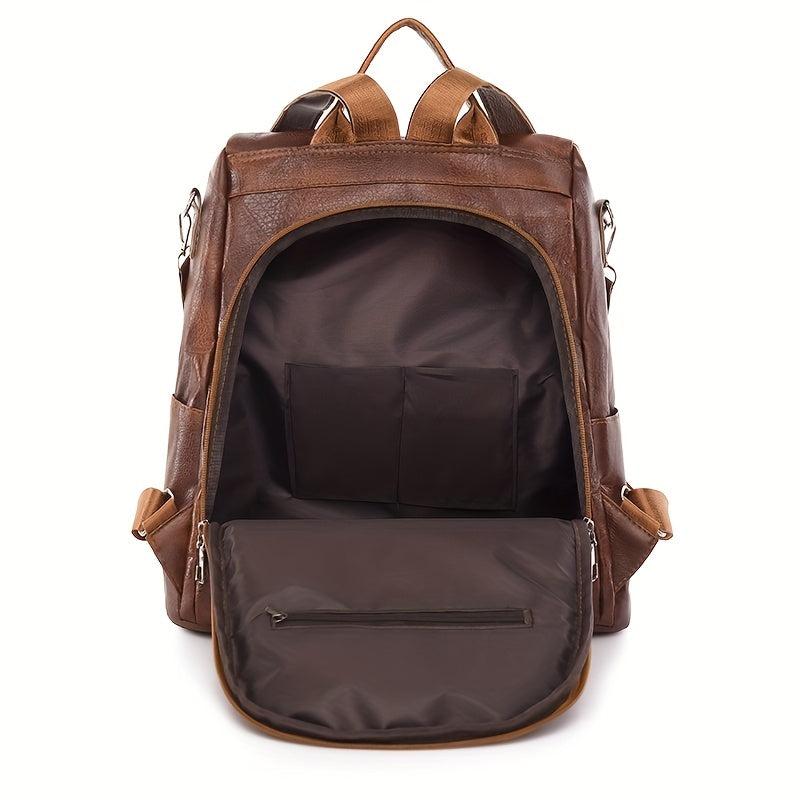 Retro Solid Backpack Casual Vintage Zipper Rucksack Women's Daily Bag