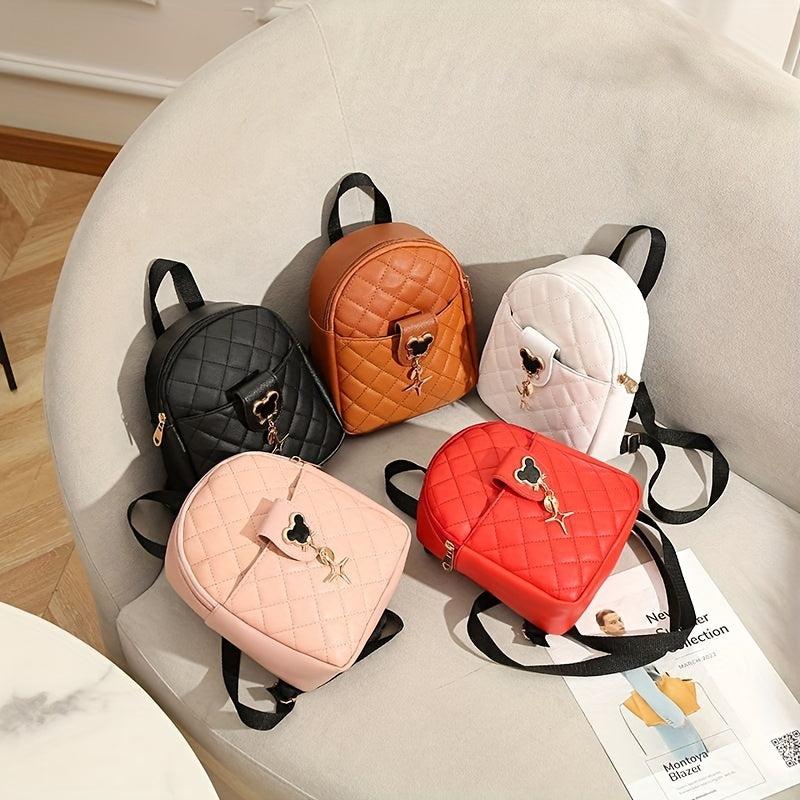 Argyle Quilted Mini Backpack Cartoon Metal Decor School Bag