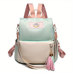 Colorblock Shoulder Bag with Letter Patch and Tassel Decor