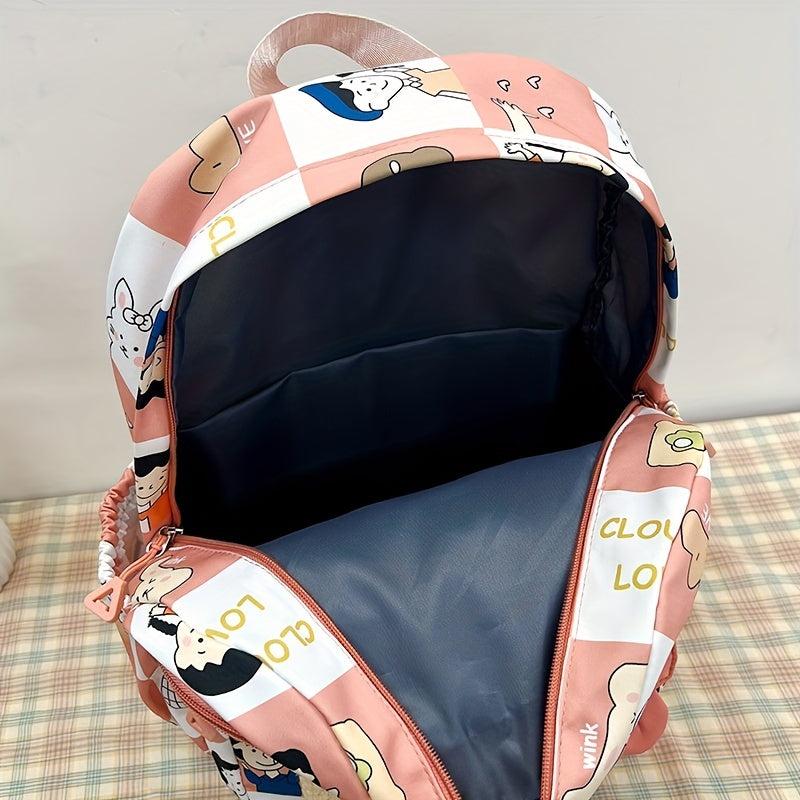 Cartoon Pattern Backpack Zipper Bear Decor Daypack