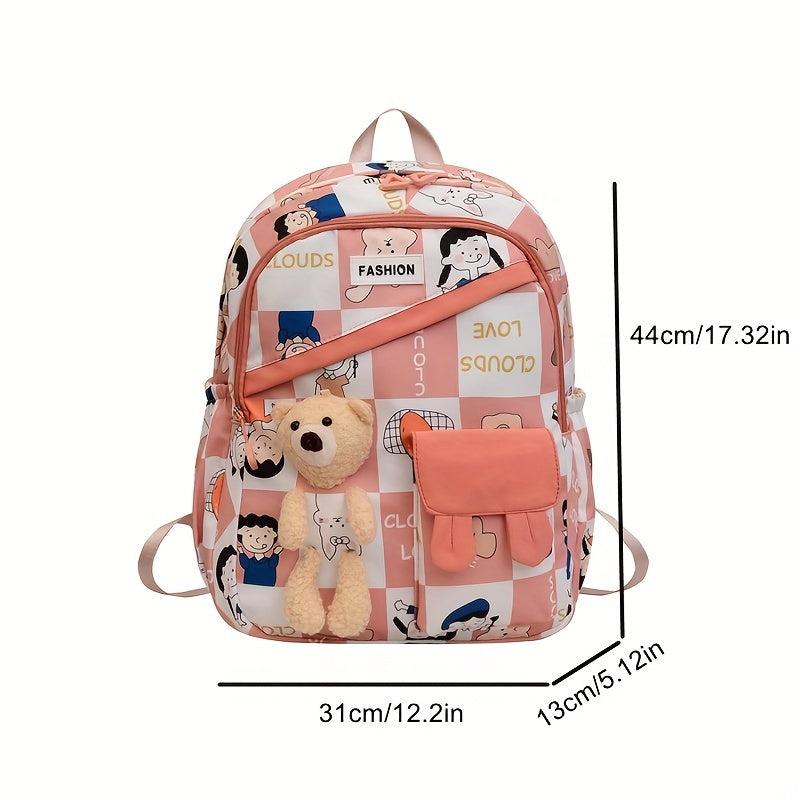 Cartoon Pattern Backpack Zipper Bear Decor Daypack